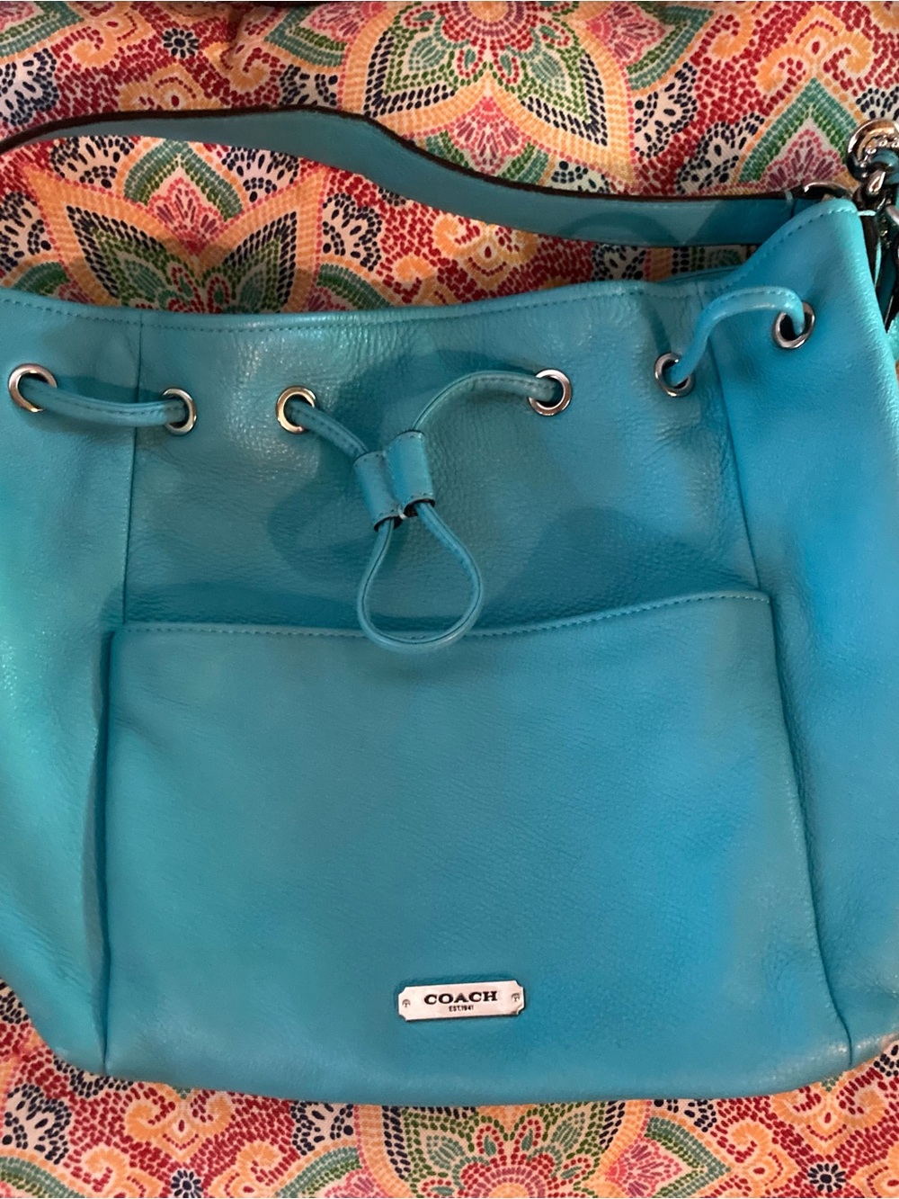 COACH Turquoise Leather Drawstring Shoulder Bag with some love marks